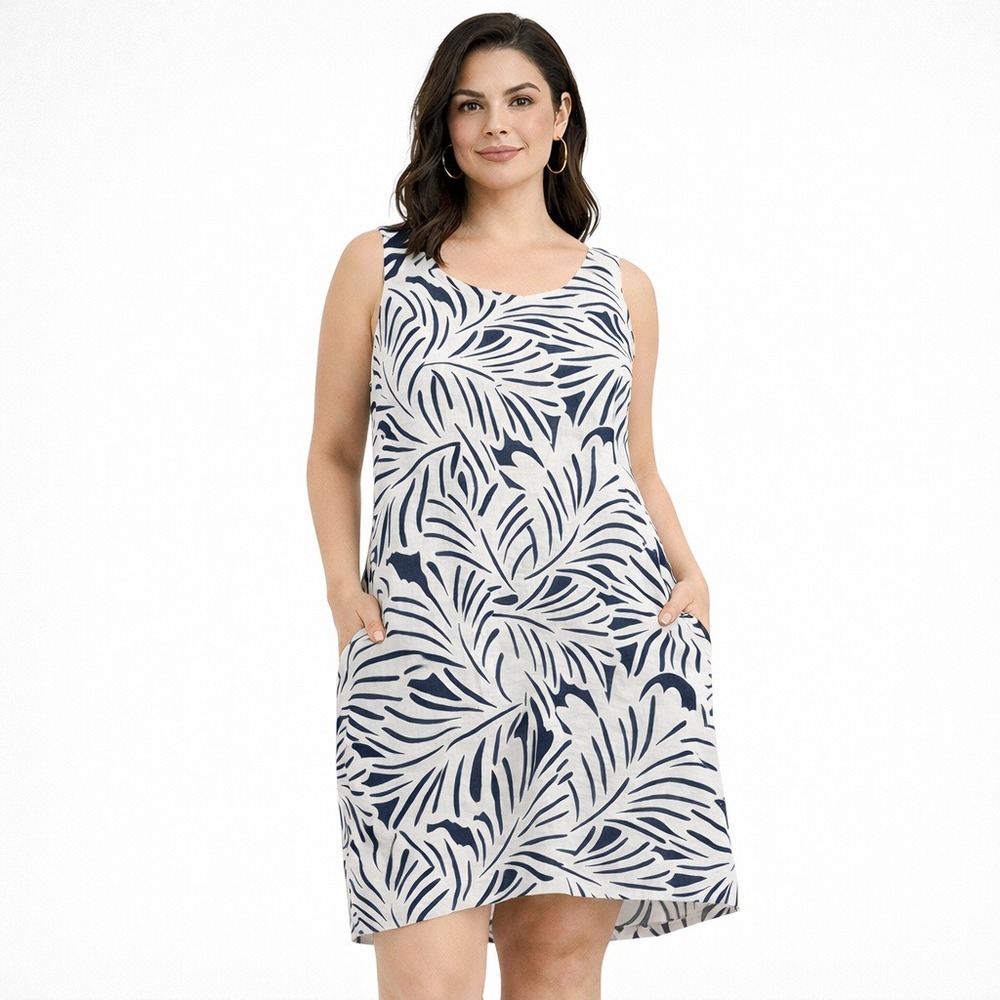 Nicole Miller New York Linen Blend Palm Print Shift Dress Navy White‎ Pockets M